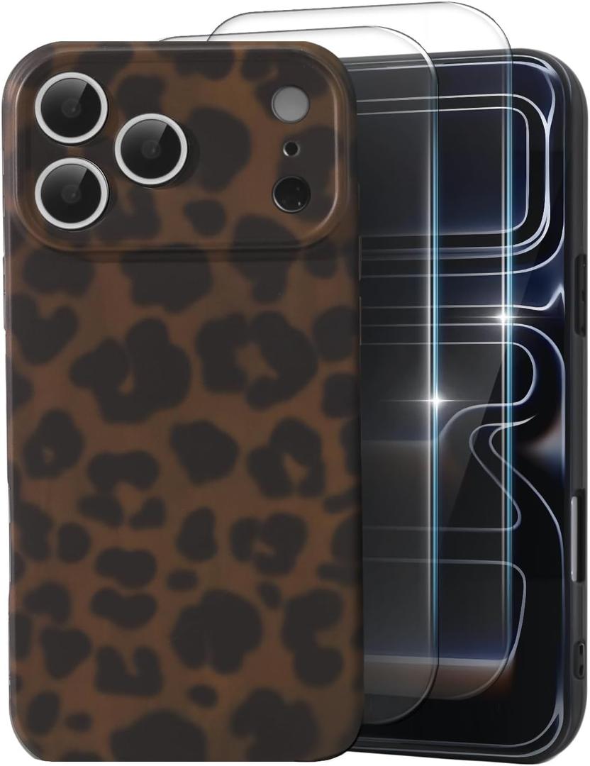 MYY Cute Phone Case for iPhone 17 Pro Max Case, [with 2X Screen Protector] Tortoise Shell Pattern Leopard Full Camera Protective Slim Shockproof Cool Trendy Aesthetic - Matte Leopard