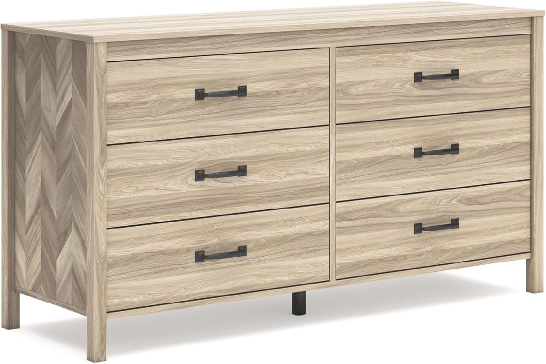 Signature Design by Ashley Battelle Mid-Century Modern 6 Drawer Dresser with Chevron Pattern and Safety Stop for Bedroom, Light Brown (Natural)
