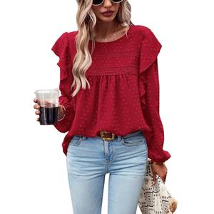 PRETTYGARDEN Women's Long Sleeve Blouses Ruffle Swiss Dot Crochet Loose Fit 2026 Spring Fashion Tunic Dressy Casual Tops (Red, XL)