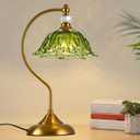Vintage Table Lamp with a Floral Green Glass Shade, A Plug-in Nightstand Lamp in Matte Brass Finish for Bedroom, Living Room, Office, and Desk