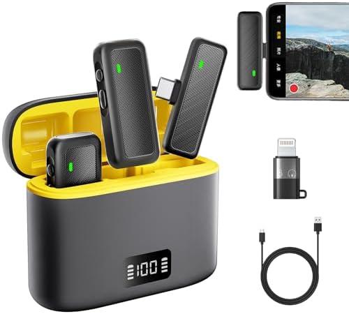Wireless lavalier Microphone for iPhone Android with Lightning/USB-C/Charging Case, Noise Cancel 130ft 24H of 2 Pcs mini Clip on Lapel Microphone Wireless for Recording/Streaming/Interview