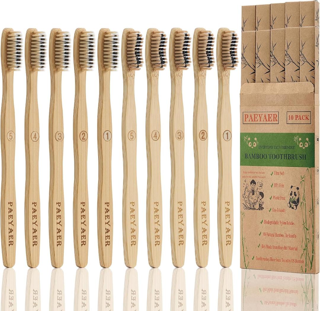 10 Count Bamboo Toothbrush (Soft+Medium) Charcoal Toothbrushes, Natural Wood Toothbrush, Reusable Travel Toothbrushes