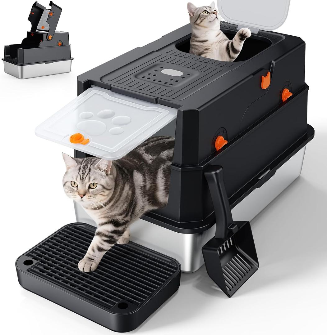FURTIME Stainless Steel Litter Box with Lid, Enclosed Metal Cat Litter Box, Size: X-large