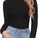 MANGOPOP Long Sleeve Body Suit Mock Turtle Neck Zip Up Bodysuit for Women Ribbed Deep V Sexy Bodysuit Shirts (M)