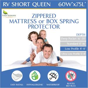 RV Short Queen Mattress Protector (8 to 11 Depth) - Waterproof Zippered Encasement 60" W x 75L Premium Quality Hypoallergenic Bed Cover Protects Against Bedbugs Dust