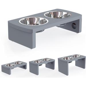 Elevated Dog Bowls, Bamboo Raised Dog Bowl for Small Dogs & Cats, with 2 Stainless Steel Bowls (4'' Tall-20oz Bowl, Grey)