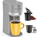 Single Serve Coffee Maker for K-Cup and Ground Coffee, Fast Brew, 6-12 oz Brew Sizes One Cup Coffee Machine Fits 5.5" Mugs, One-Button Small Coffee Maker with Descaling Reminder,Grey (9.45 Inches)