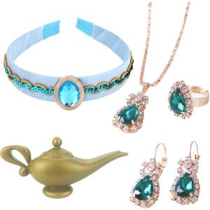 Princess Costume Accessories  Arabian Princess Dress-Up Jewelry Set with Magic Lamp, Headband, Necklace, Earrings & Ring  Halloween Cosplay Supplies, Birthday Gifts