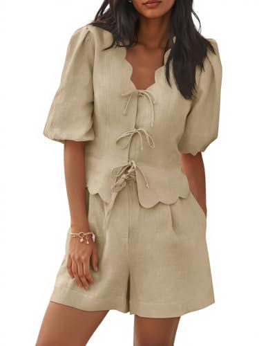 Cicy Bell Womens Summer 2 Piece Short Sets Puff Short Sleeve V Neck Bow Tie Front Tops Wide Leg Shorts Pajamas Matching Sets XXL