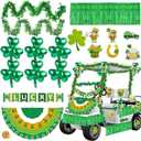 28 Pcs St. Patrick's Day Parade Golf Cart Decoration Kit Saint Patrick Golf Cart Car Decor Irish Burlap Bunting Flag Paper Banner Metallic Tinsel Garland Shamrock Balloon Stickers for St Patricks Day