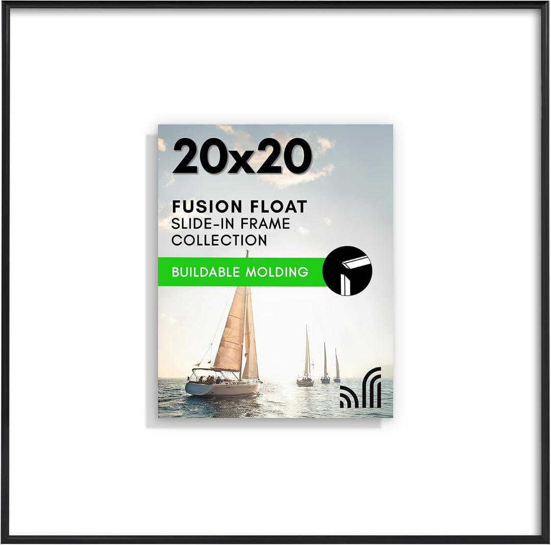 Americanflat 20x20 Floating Picture Frame with Shatter-Resistant Glass - Ideal for 8x10 Photos - Slide-In Photo Frame - Fusion Float Collection - Floating Frames for Wall Display - Black