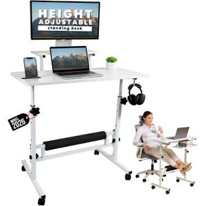 Model 2026 Adjustable Height Rolling Desk With Wheels Portable Compact Laptop Table Mobile Workstation For Study Office Small Space Standing Desk Ergonomic Writing Surface Modern Home Furniture White, X-Large