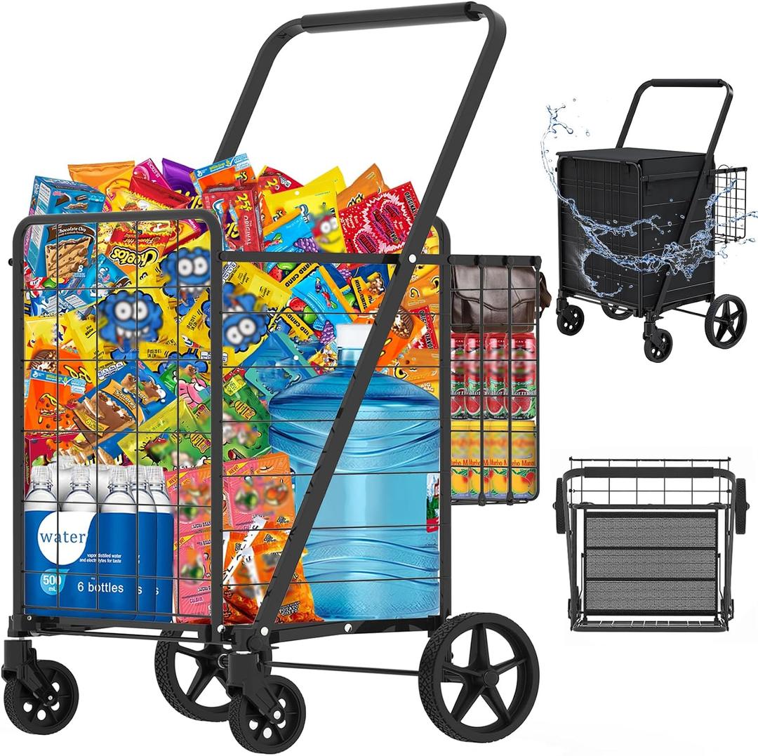 Heavy Duty Folding Shopping Cart for Groceries, Jumbo Grocery Carts with 360 Swivel Wheels, Waterproof Bag, Portable Utility Trolley for Daily, Laundry, Holds Up to 320 LBS