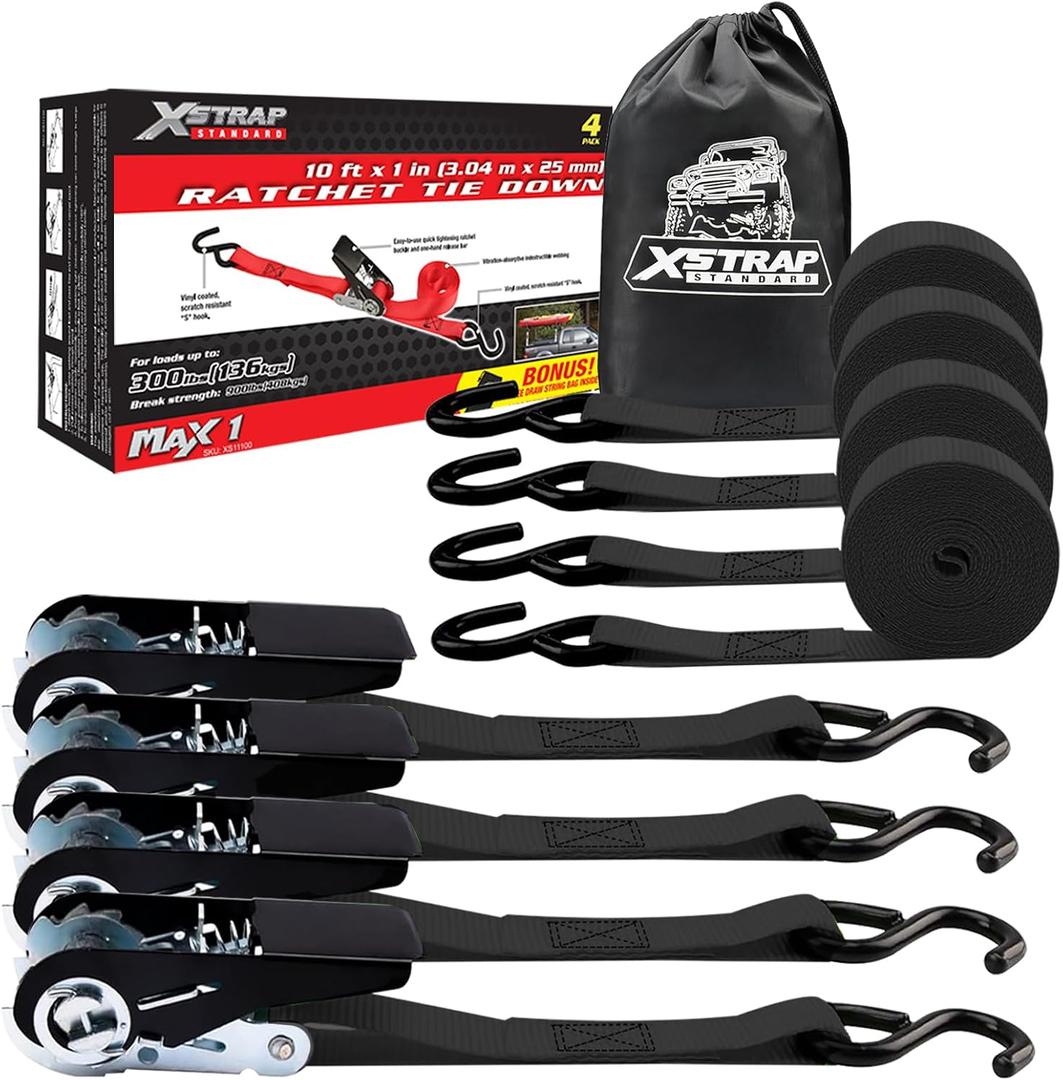 XSTRAP STANDARD Ratchet Tie Down Straps 4 Pk 10 Ft- 300 Lbs Load Cap- 900 Lbs Break Strength-Cargo Straps for UTV, ATV, Pickup,Truck, Moving Appliances, Lawn Equipment, Black