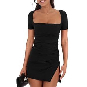 BEAGIMEG Women's Sexy Bodycon Short Sleeve Square Neck Side Slit Ruched Party Club Evening Mini Dress , S