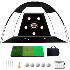 Golf Net 10x7ft, Golf Practice Net for Backyard with 5 Target Holes & Bullseye All-in-One Golf Hitting Net Kit with 3-Turf Mat for Indoor/Outdoor Swing & Chipping Training