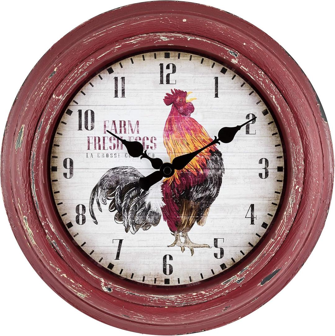 La Crosse Technology 12 Inch Distressed Red Rooster Quartz Wall Clock - 404-3630