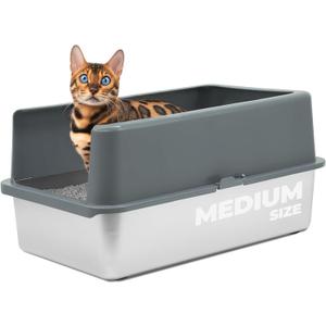 iPrimio - Stainless Steel Enclosed Litter Box for Cats - Easy to Clean - Includes High-Sided Litter Box, Scooper for Extra Scatter Protection - Medium Size for Big Cats - 20 x 14.2 x 6 in