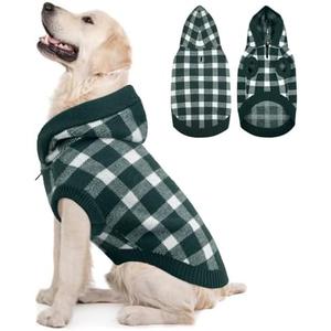 Kuoser Plaid Dog Sweater Hoodie, Warm Fleece Dog Sweaters for Large Dogs, XL Winter Knitwear Christmas Doggy Sweater, Cold Weather Pet Clothes for Girl Boy Dogs, Holiday Outfit and Gift, Green XL