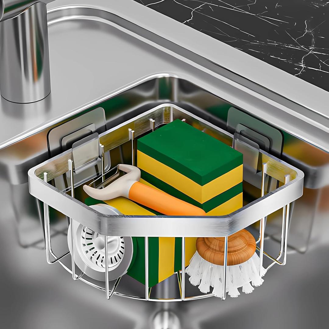 Corner Sponge Holder Kitchen Sink Organizer, Adhesive Stainless Steel Sponge Caddy for Kitchen, Dish Cloth Hanger Sponge Holder Soap Storage Rack for Space-Saving Storage(not for Rounded)