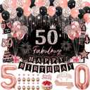 50th Birthday Decorations for Women, 50pcs Rose Gold Black 50th Birthday Decorations for Her with Banner Crown Sash Backdrop Cake Topper Balloons Hanging Swirl for 50 Years Old Birthday Party Supplies