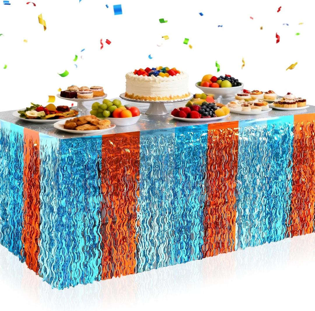 2 Pack Foil Table Skirts Fringe Table Banner Decorations, Rectangle Round Tables Curtains Streamer Backdrop for Birthday Baby Shower Wedding Engagement Holiday Graduation Party Supplies (Blue)