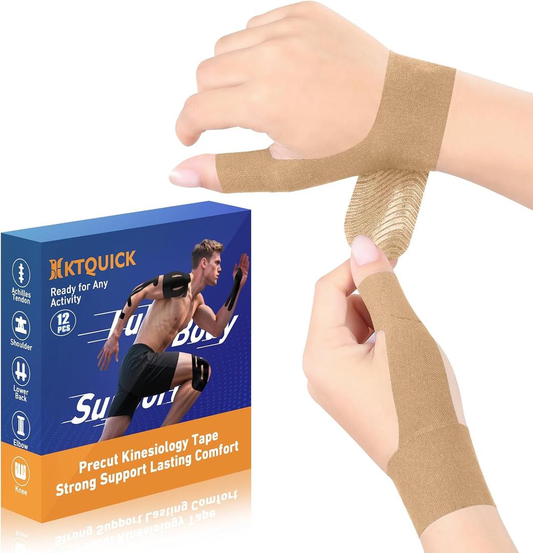 Precut Kinesiology Tape for Thumb Right, KTQUICK 12PCS Waterproof & Hypoallergenic Latex-Free Athletic Tape for Thumb Support, Wrist & Thumb Brace, Elastic Breathable Long-Lasting Thumb Tape (Beige)