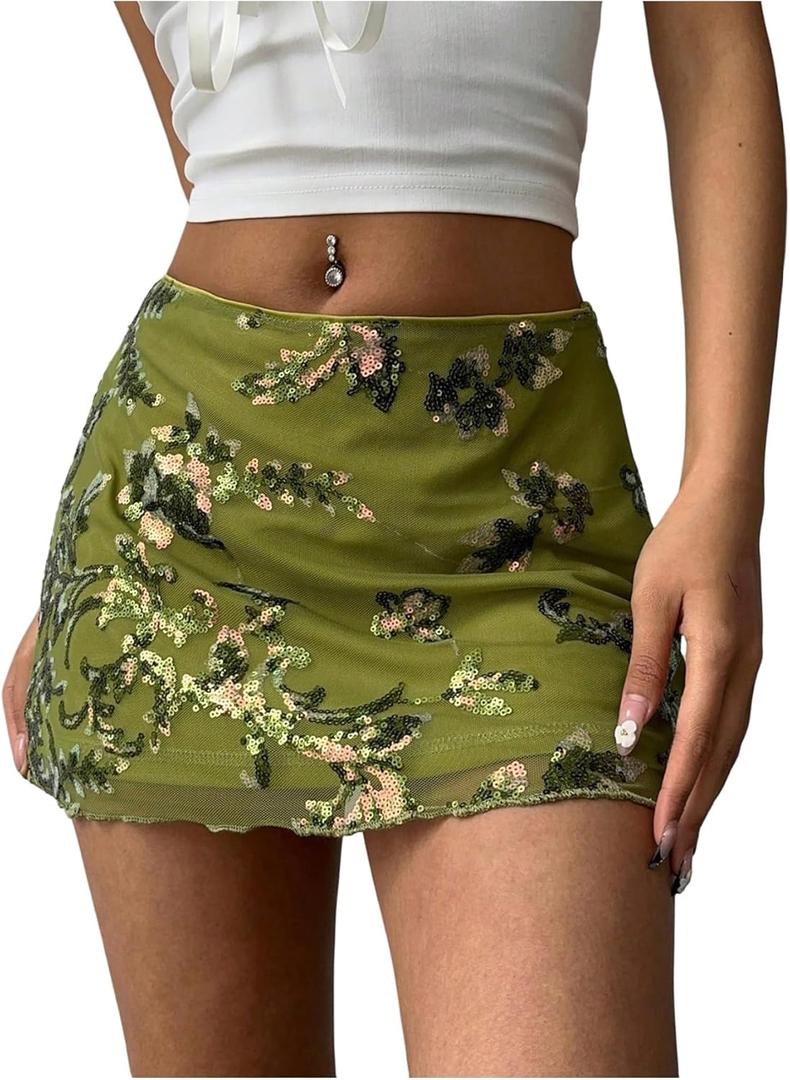 MakeMeChic Women's Sequin Mini Skirt Summer Floral Mesh Skirt Green X-Small