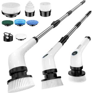 Electric Spin Scrubber Upgraded Battery with Extra-Long Runtime, IPX7 Waterproof Power Cleaner with 7 Brush Heads, 2 Speeds Adjustable Long Handle for Bathroom, Floor, Shower, Tile & Kitchen Cleaning (White)