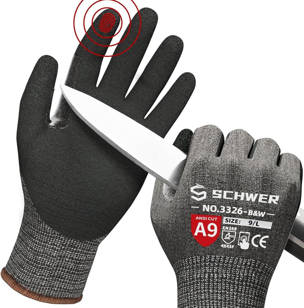 Schwer ProGuard High Level Cut Resistant Work Gloves PR3326 for Extreme ProtectionANSI A9 Cut Gloves with Reinforced Thumb, Non Slip, Breathable, Durable, Touch-screen, Black 1 Pair L (Large)