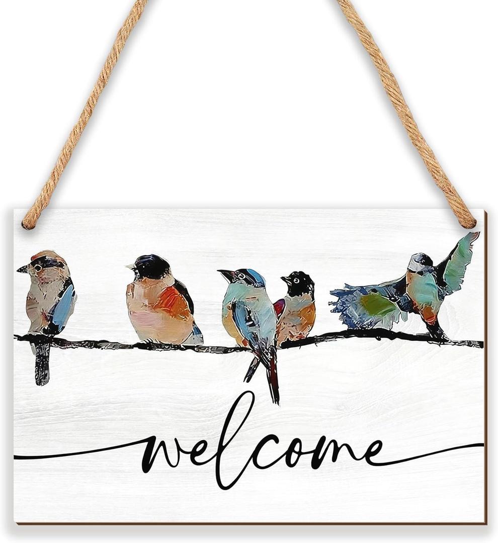 8''x12'' Welcome Wooden Hanging Sign - Watercolor Birds Farmhouse Front Door Wooden Plaque - Spring Wall Art Decoration for Home Office Outdoor Indoor - Rustic Favors For Women Men Friends Family -A01