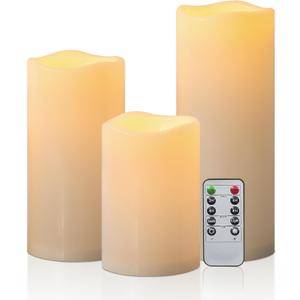 6" 8" 10" x 4" Waterproof Outdoor Flameless Candles Battery Operated LED Flickering Pillar Candles with Remote and Timer for Indoor Outdoor Lanterns, Long Lasting, Ivory White Large, Set of 3