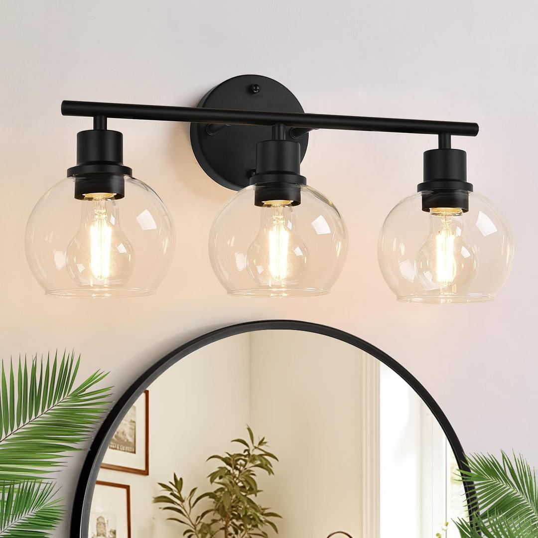 Indoi 3-Light Bathroom Light Fixtures, Black Bathroom Lights Over Mirror with Clear Glass Globe Shade, Vanity Lights for Bathroom Kitchen Living Room Hallway Cabinet Bedroom Porch.