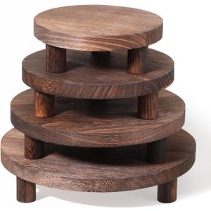 4 Pcs Round Wooden Risers for Display, Wood Pedestal Stand Mini Tiered Tray Stand Rustic Wooden Riser Holder for Home Decor Kitchen Counter, 4 Size(Brown)