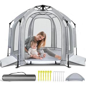 Baby Playpen with Canopy, Portable Baby Beach Tent, Toddler Play Yard Indoor and Outdoor, Foldable Mosquito Net for Infant - Grey