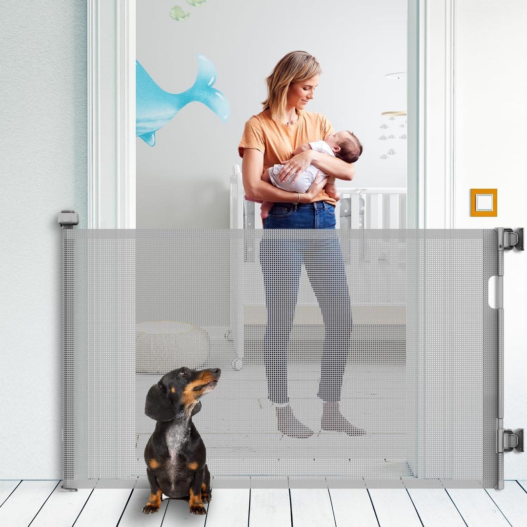 Retractable Baby Gate, Mesh Baby Gate or Mesh Dog Gate, 33" Tall, Extends up to 71" Wide, Child Safety Gate for Doorways, Stairs, Hallways, Indoor/Outdoor(Grey, 86cmx180cm)