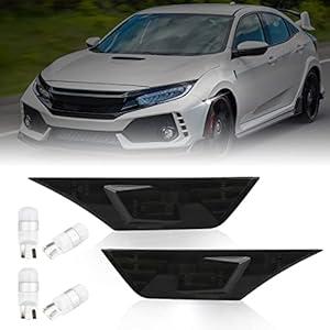 Bestview 2PCS Side Marker Lights for 2016-2021 Honda Civic 10th Gen Coupe Hatchback: Smoked Lens Front Bumper Fender Lights, 6000K White LED Sidemarker Lamps With 4Pcs T10 Light Bulbs OEM#H02551127N