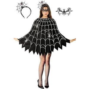 CONGRU 3 Pcs Spider Web Poncho for Women,Spider Web Costume Dress with Headband& Mask,Halloween Costume for Women, S