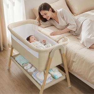 Uuoeebb Baby Bassinet, Bedside Bassinet for Baby, 2-in-1 Bedside Sleeper with Mattress, Half-Mesh Breathable Design, 4 Auto-Lock Wheels, Storage Basket, Easy Assembly (Khaki), Crib