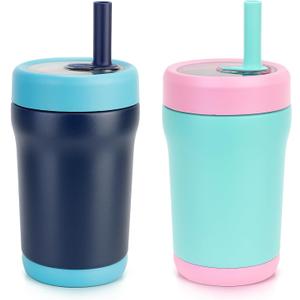 Zukro Toddler Tumbler with Flexible Straw, Spill Proof Clear Lid, 12 oz Kids Insulated Travel Cups, Stainless Steel Sippy Cup with Non-slip Bottom, BPA Free & Dishwasher Safe - Navy & Mint