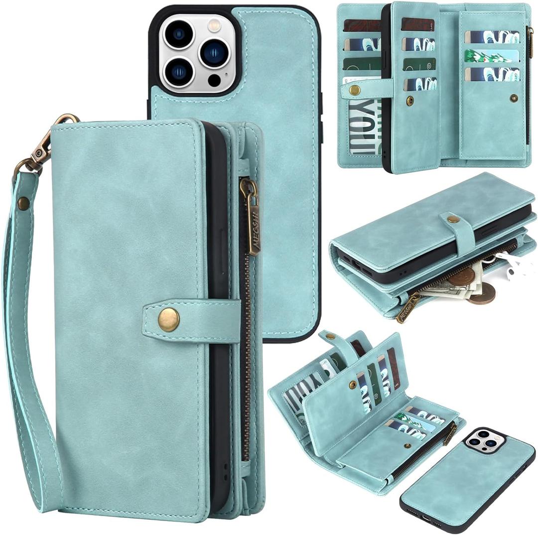 TwoHead Wallet Case Compatible with iPhone 15 Pro Max,Detachable Magnetic Phone Case,All-Round Shockproof Protective Leather Phone Case with Card Holder,6.7 in,Blue