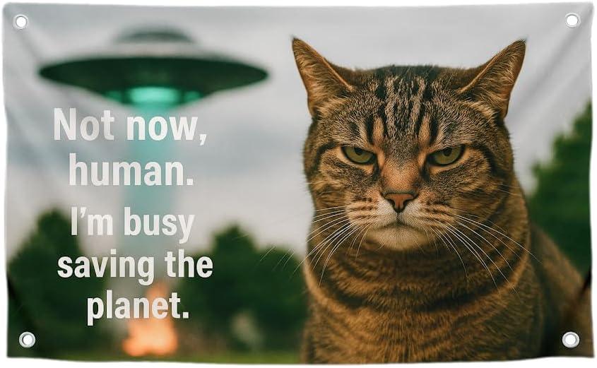 3x5 Feet Funny Cat Flag with Quote ''Not Now, Human. I'm Busy Saving The Planet.''- Animal Cool Poster Polyester On The Wall with Four Brass Grommets - Single Sided Kitten Banner for Decoration Rooms