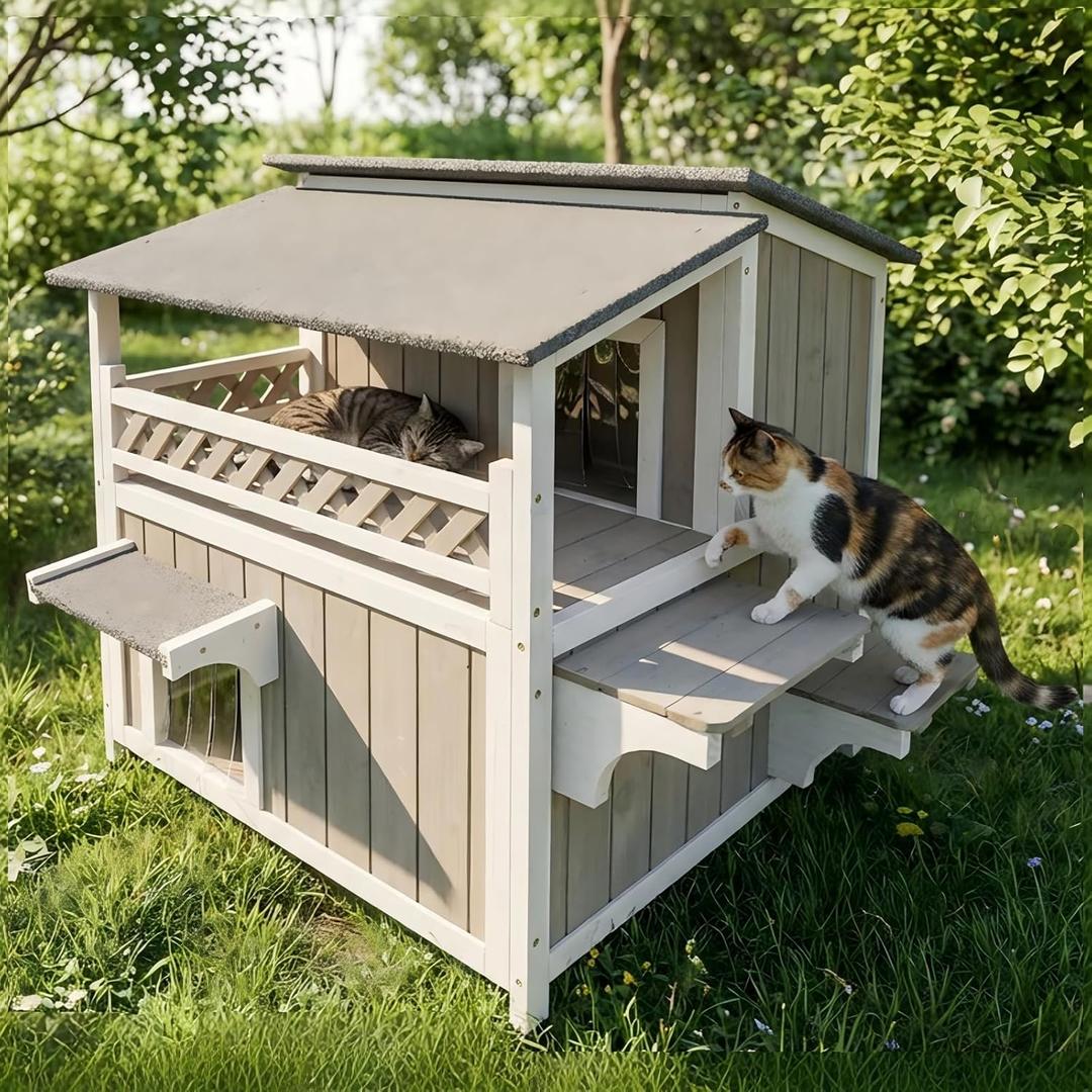 Outdoor & Indoor Wooden Cat House, Weatherproof Two-Story Cat Shelter, Enclosed Multi-Level Cat Home for Cats