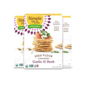 Simple Mills Organic Seed Crackers, Garlic & Herb, Gluten Free, Flax Seed, Sunflower Seeds, Corn Free, Low-Calorie Snacks, Plant Based, Nutrient Dense, 4.25oz, 3 Count (EXP 11/19/25)