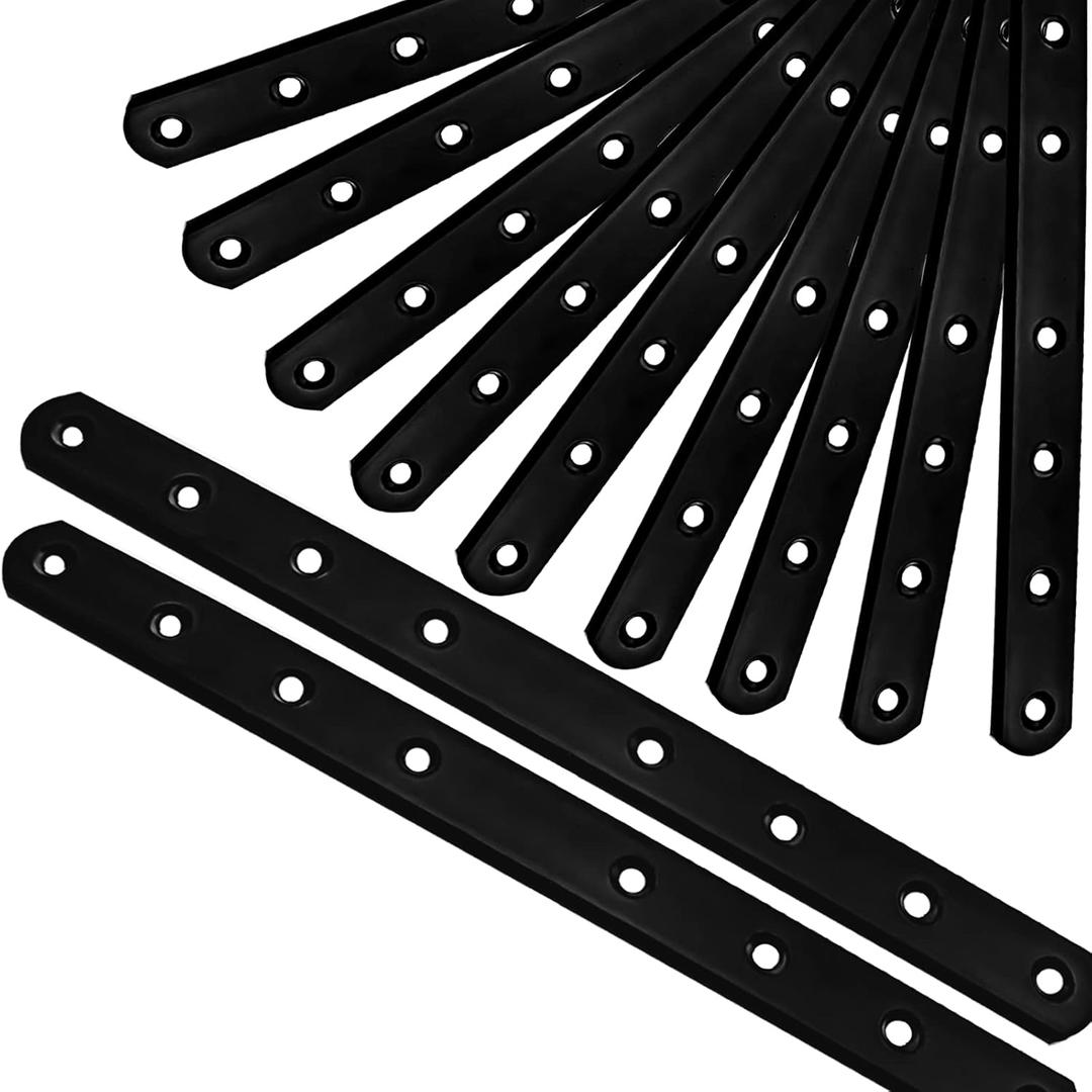 12Pack Straight Brackets Black,10Inch 250MM Mending Plate Metal Brackets for Brace, Heavy Duty Joining Plates for Wood Fence Bookcase Cabinet, Straight Brace Repairing Mending Plates