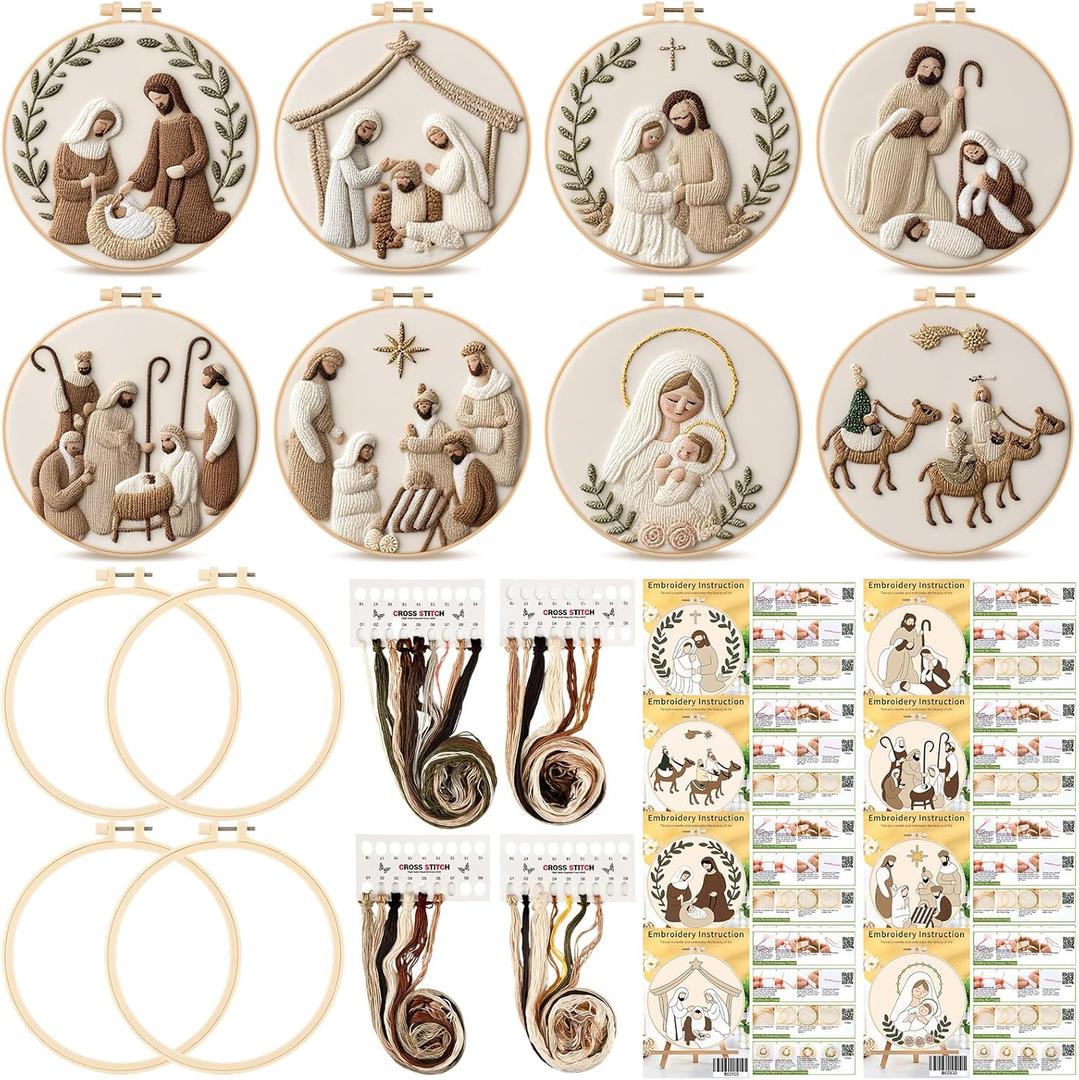 Peryiter 8 Pcs Christmas Nativity Scene Embroidery Kit Christmas Cross Stitch Sets DIY Embroidery Kit for Adults Beginner with Threads Needles Instruction Manuals 20 cm Hoop for Decor Home Room Gift