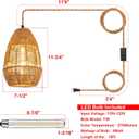 Plug in Pendant Light Rattan Hanging Lights with Plug in Cord 15FT Hemp Rope Cord, On/Off Switch Chandelier for Boho Living Room Bedroom KitchenBulb Included 11 x 7 inch