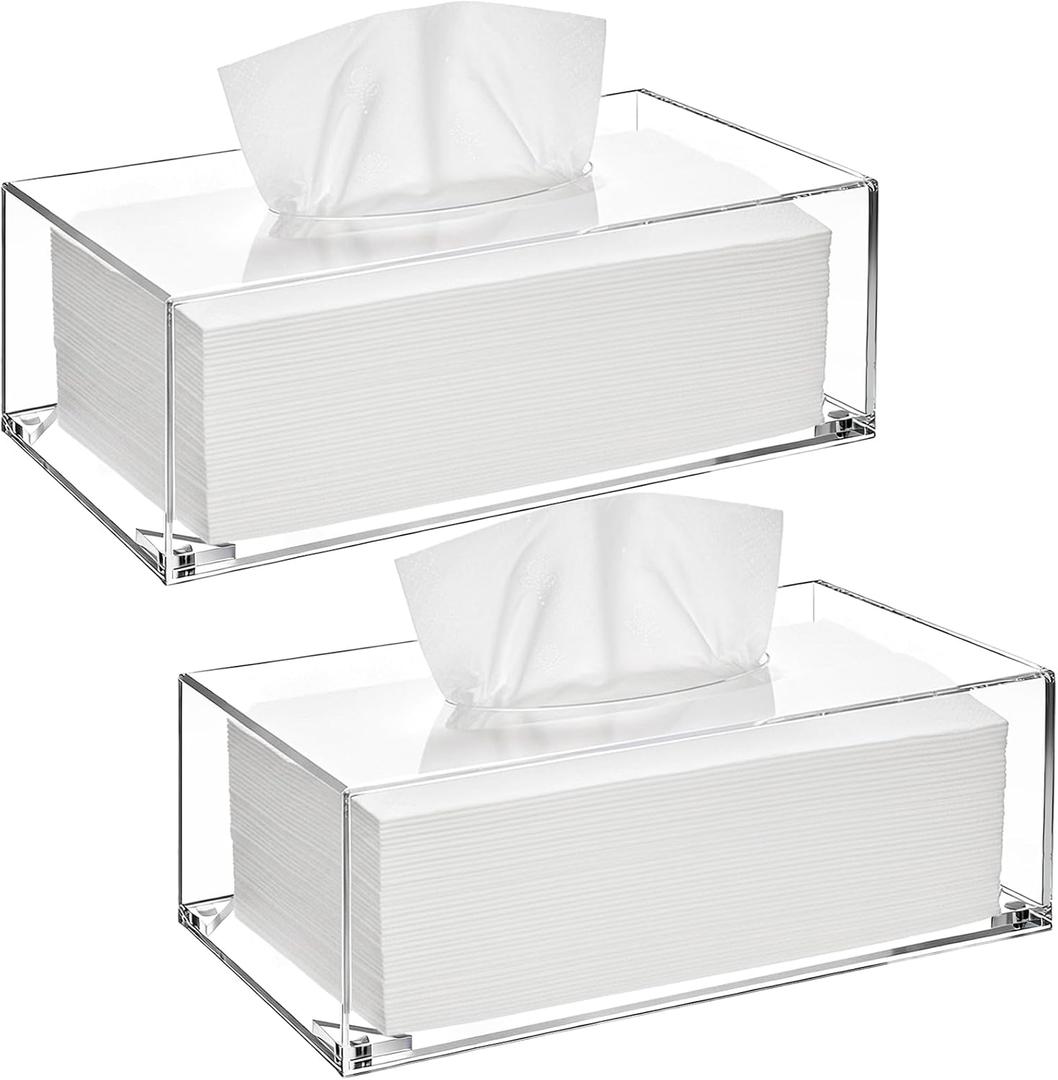 Yopay 2 Pack Acrylic Tissue Box Holder, Rectangle Tissue Box Cover with Magnetic Bottom, Clear Acrylic Facial Tissue Case Dispenser for Bathroom Kitchen Bedroom Vanity Restaurant Office