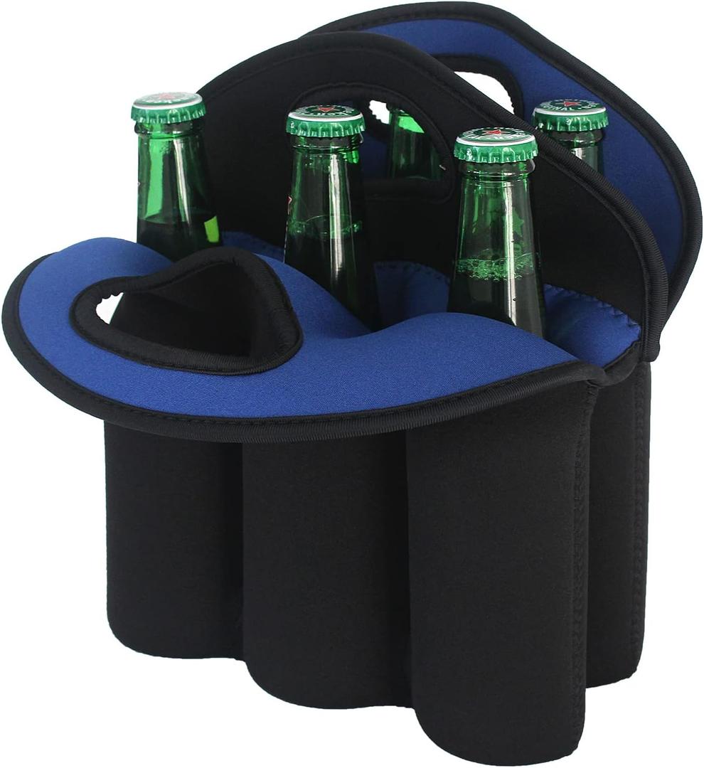 6 Pack Bottle Carrier, Insulated Neoprene Beer Bottle Holder for Travel, Keeps Drinks Cold with Secure Carry Handle, Gift for Men (Black-Blue)