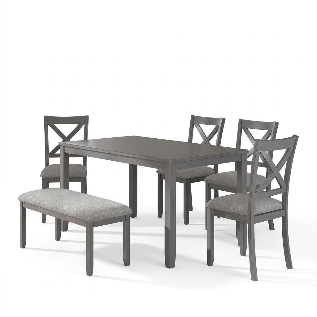 6-Piece Wooden Dining Table Set, Dining Table Set for 6, Including 1 Dining Table, 4 Upholstered Chairs and 1 Bench, Wooden Legs Dining Table, Table Set for Dining Room, Grey
